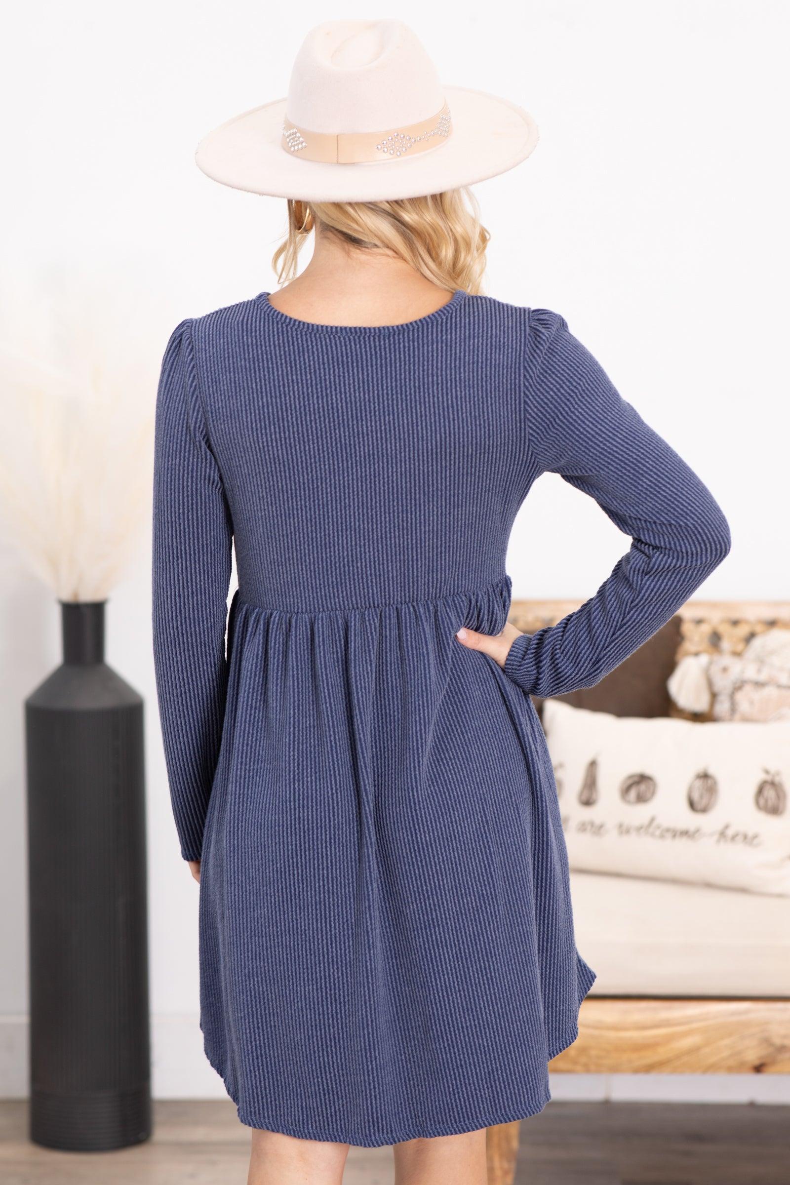 Solid Ribbed Long Sleeve Dress With Pockets Product Image