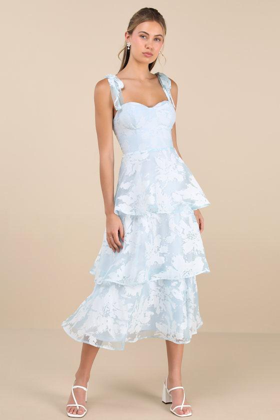 Drayson Light Blue Floral Burnout Tie-Strap Tiered Midi Dress Product Image