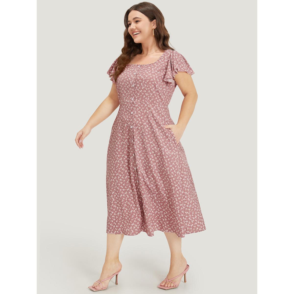 Plus Size Ditsy Floral Square Neck Ruffle Cap Sleeve Split Hem Dress Pink Women Elegant Button Square Neck Short sleeve Curvy Midi Dress BloomChic 28/5X Product Image