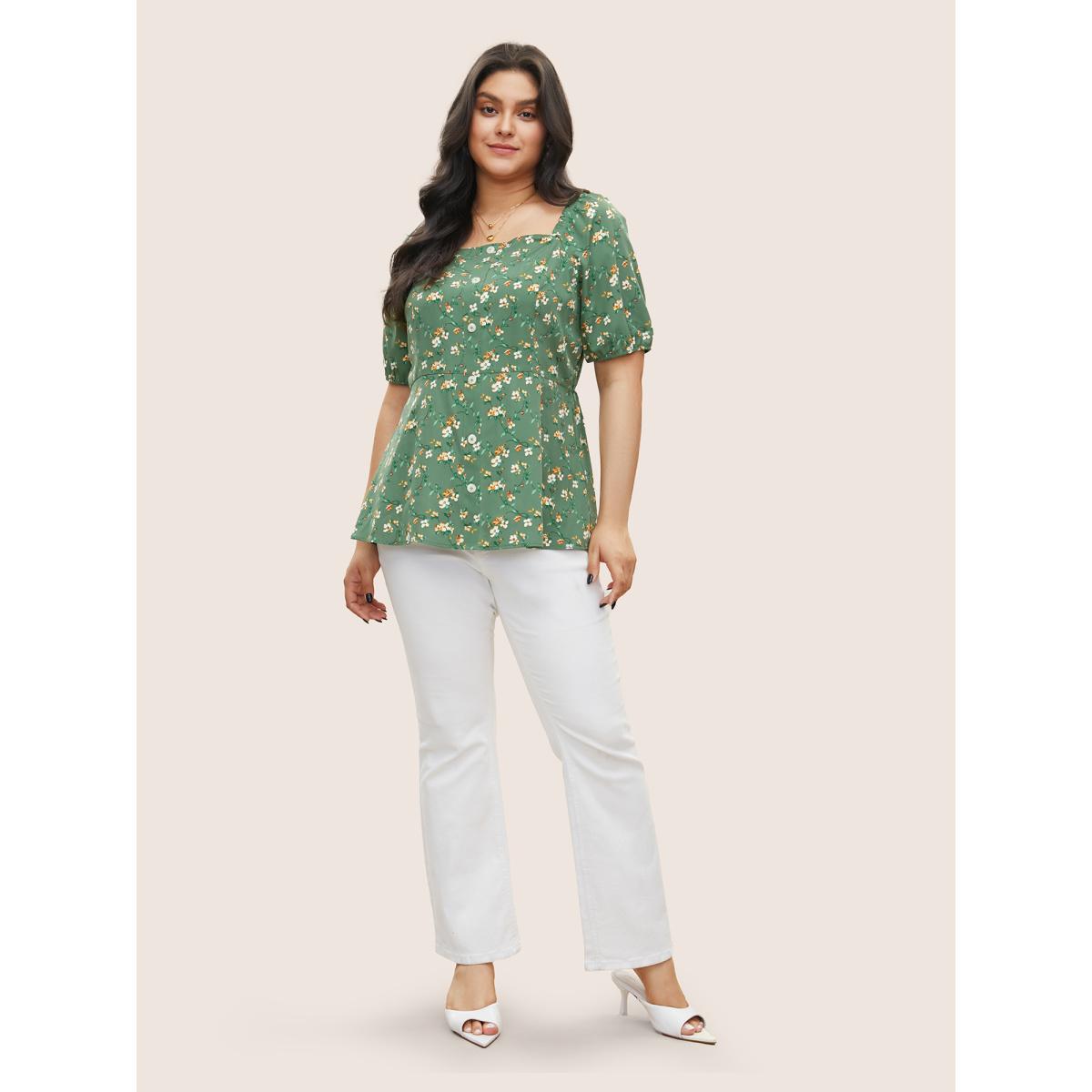Plus Size Green Square Neck Ditsy Floral Gathered Blouse Women Elegant Short sleeve Square Neck Everyday Blouses BloomChic 12/L Product Image