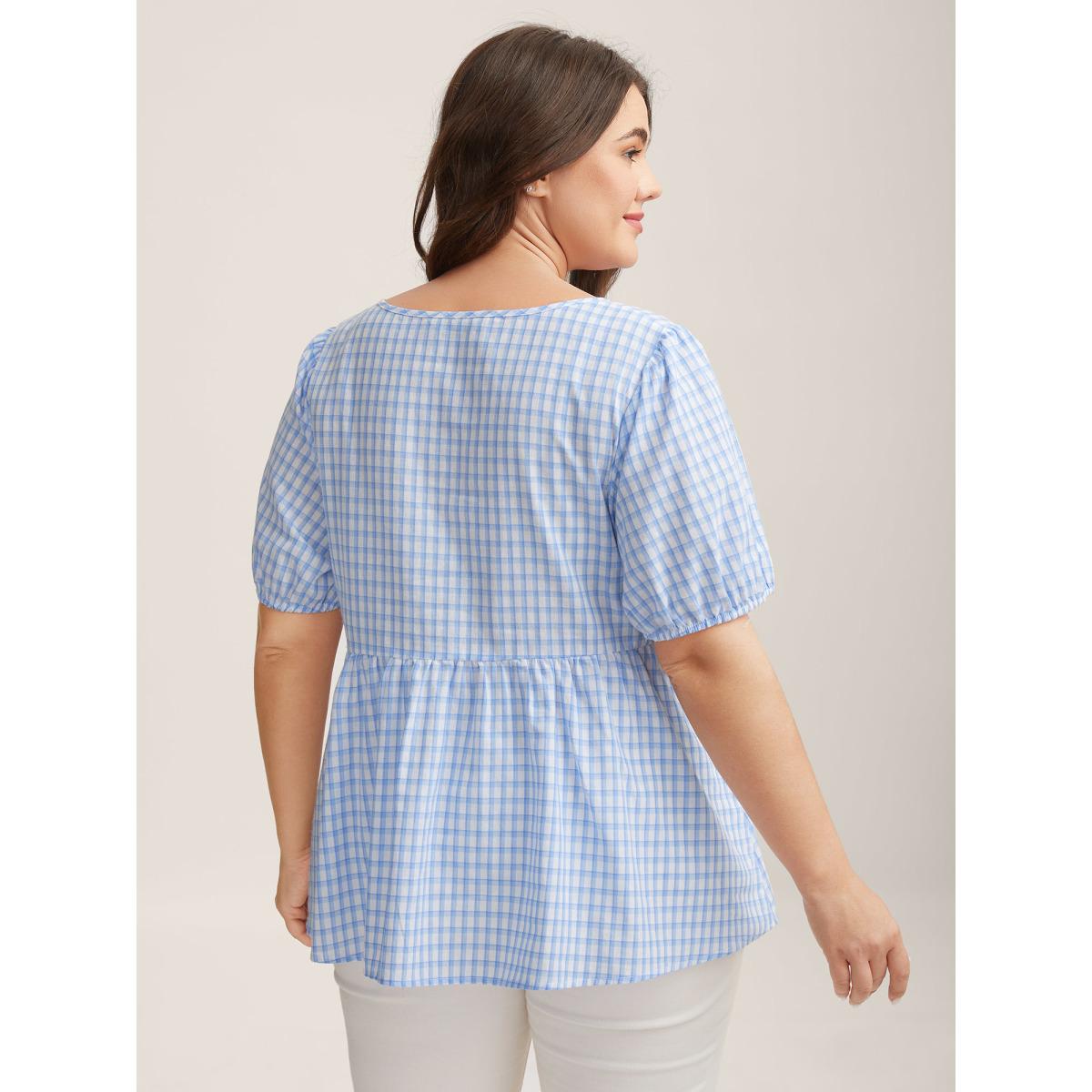 Plus Size LightBlue Bow Front Plaid Print Babydoll Top Women Leisure Short sleeve Notched collar Casual Blouses BloomChic 30/6X Product Image