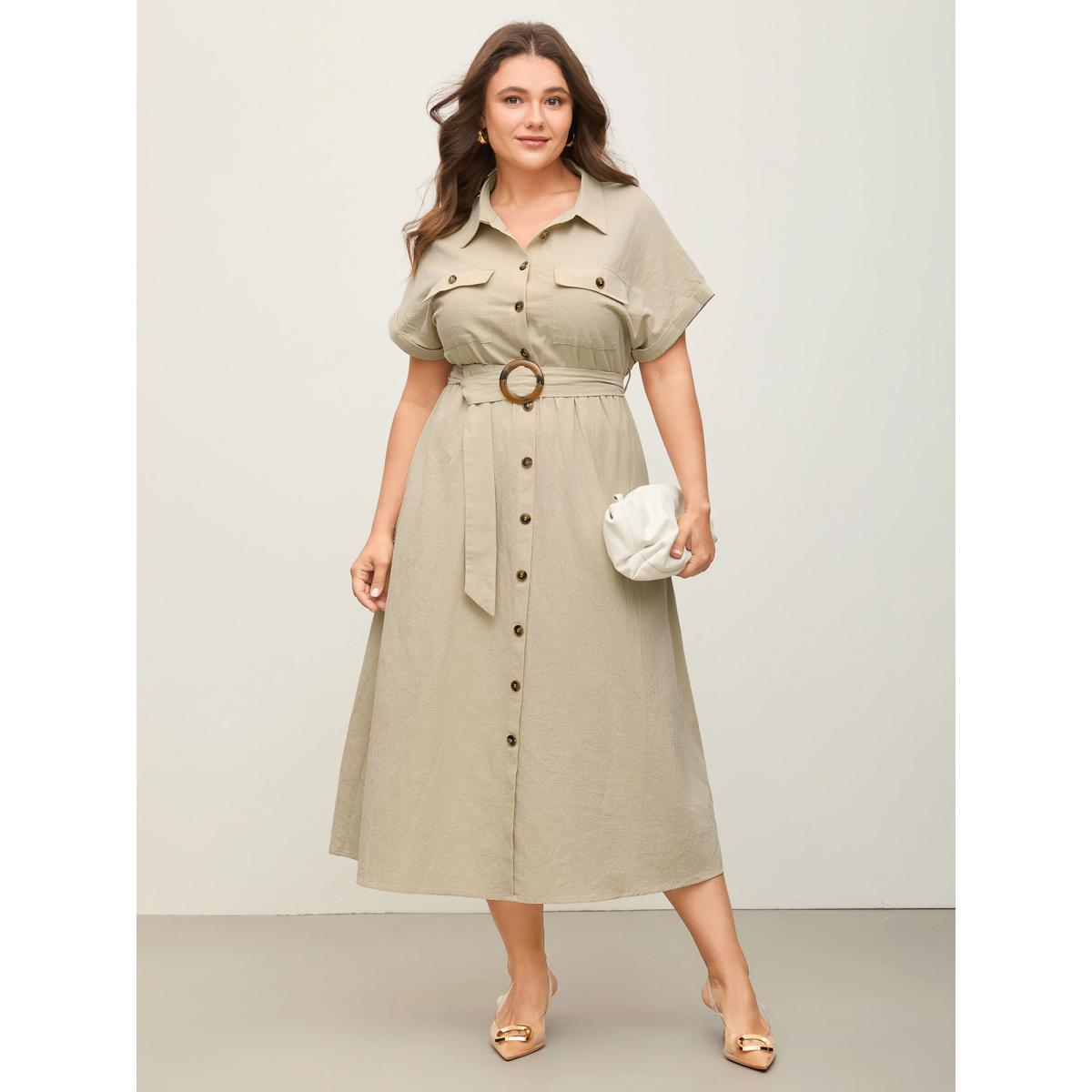 Plus Size Pure Cotton Button-Front Belted Midi Dress Apricot Women Office Belted Shirt collar Short sleeve Curvy BloomChic 14-16/1X Product Image