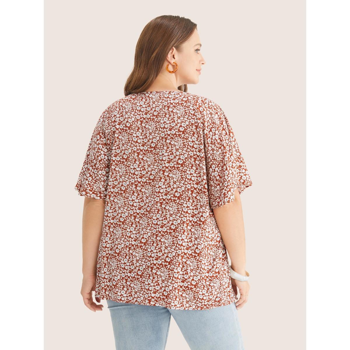 Plus Size Maroon Ditsy Floral Ruffle Sleeve Tie Neck Blouse Women Elegant Short sleeve V-neck Everyday Blouses BloomChic 22-24/3X Product Image