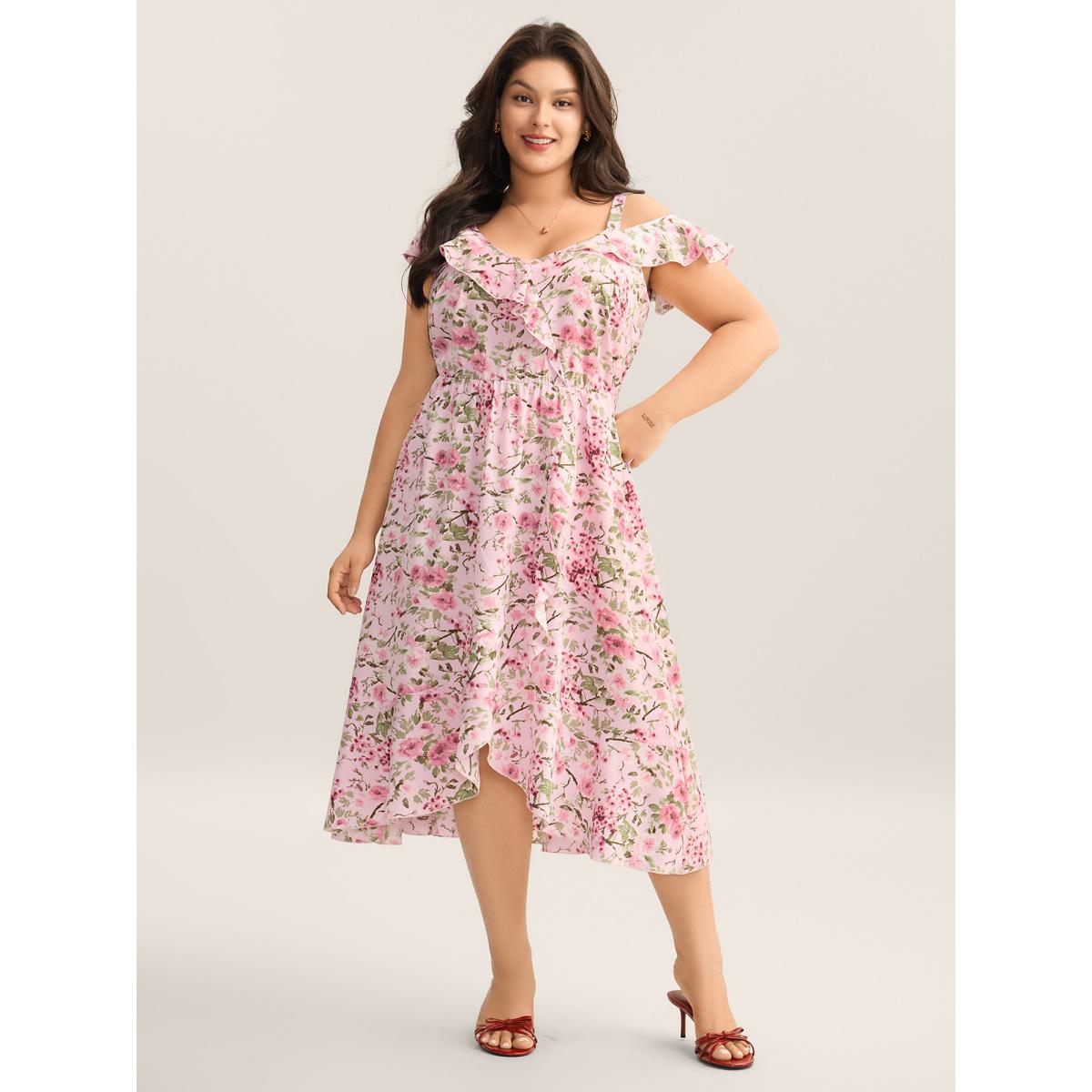 Plus Size Floral Print Wrap One-Shoulder Midi Dress Lightpink Women V-neck Cap Sleeve Curvy BloomChic 10/M Product Image