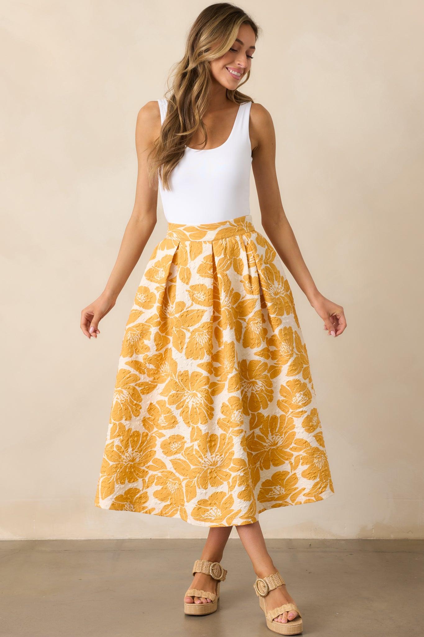 Golden Hour Yellow Floral Jacquard Midi Skirt Product Image