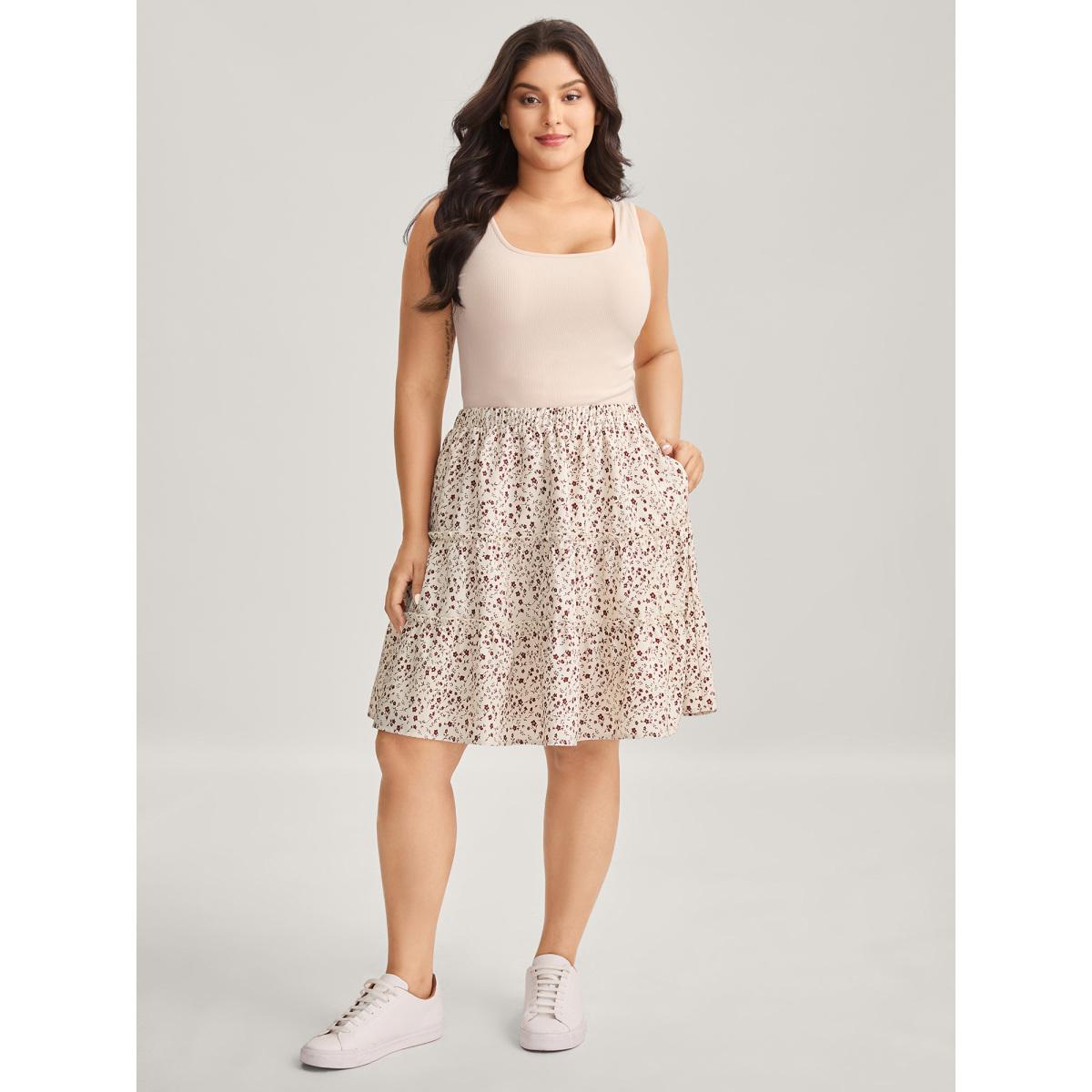 Plus Size Ditsy Floral Print Ruffled Midi Skirt Women Apricot Casual Loose No stretch Side seam pocket Everyday-Casual Skirts BloomChic 28/5X Product Image