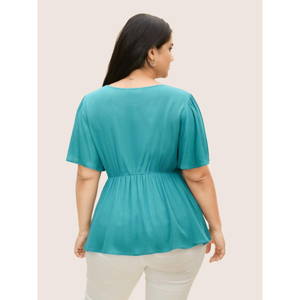 Plus Size Teal Rayon Button Detail Ruffle Sleeve Blouse Women Elegant Short sleeve V-neck Everyday Blouses BloomChic 12/L Product Image
