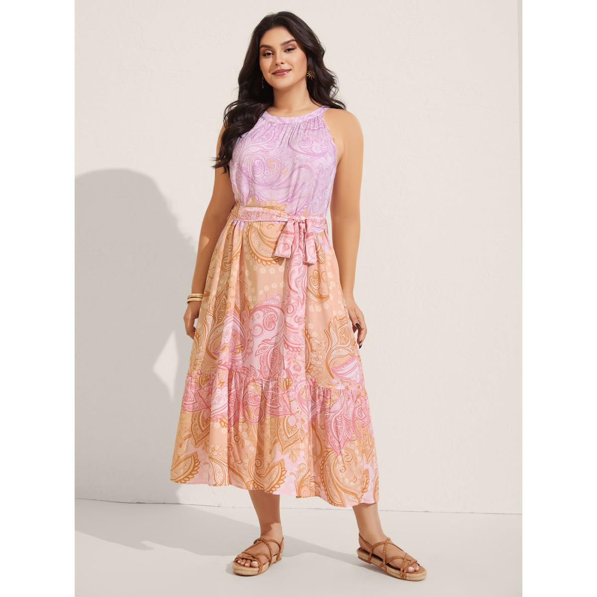 Plus Size Paisley Print Belted Color Contrast Midi Dress Multicolor Women Round Neck Sleeveless Curvy BloomChic 28/5X Product Image
