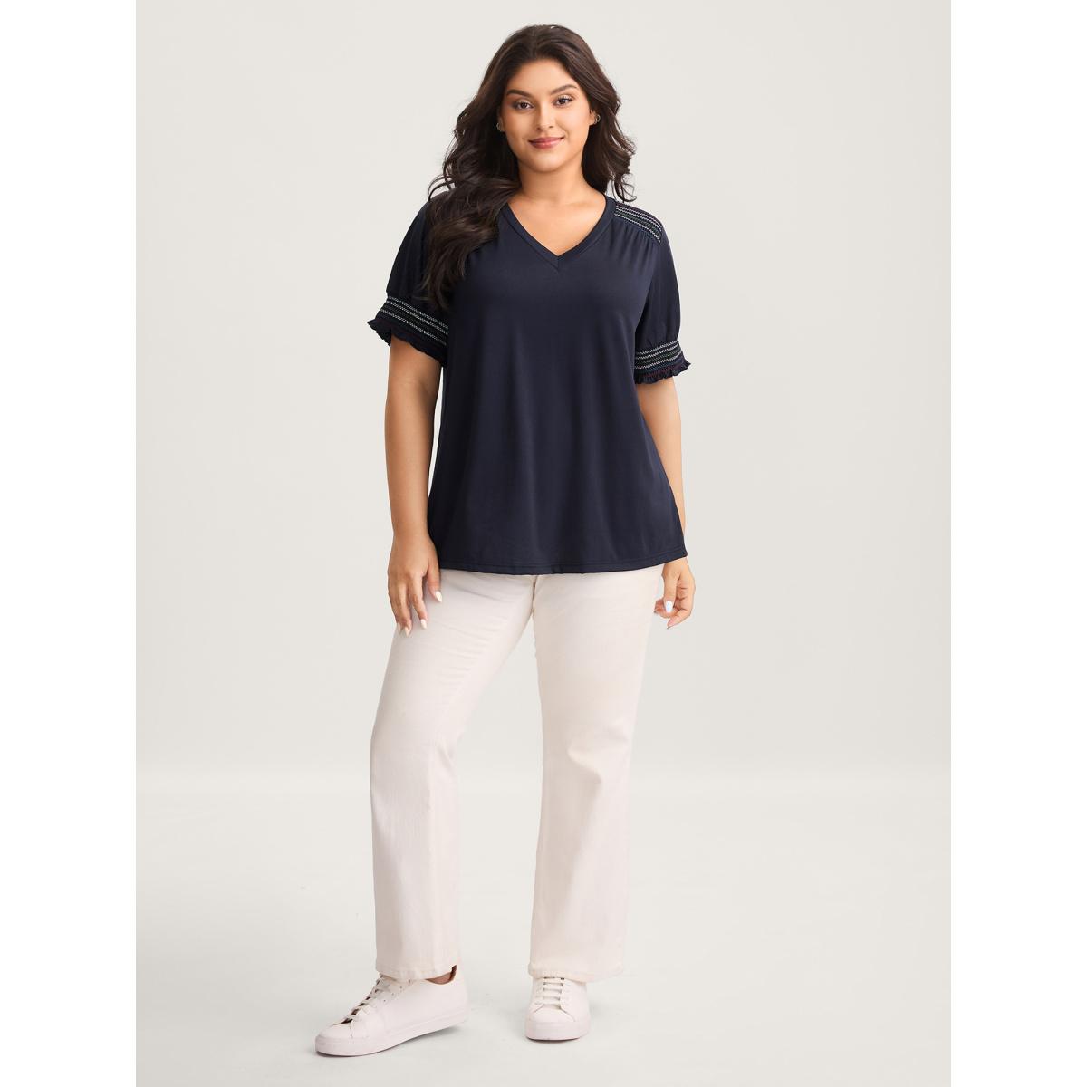 Plus Size Stretchy Colorful Spliced Shirred T-Shirt Midnight Women Leisure Shirred V-neck Casual T-shirts BloomChic 18-20/2X Product Image