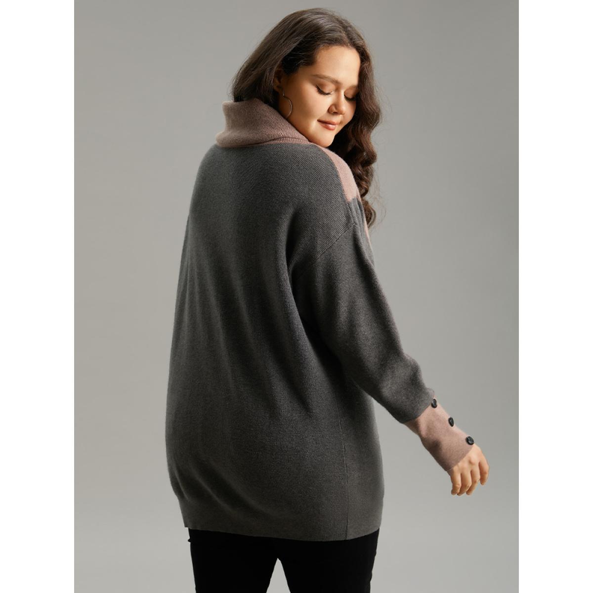 Plus Size Supersoft Essentials Turtleneck Contrast Button Detail Pullover DimGray Women Casual Loose Long Sleeve Turtleneck Dailywear Pullovers BloomChic 30/6X Product Image