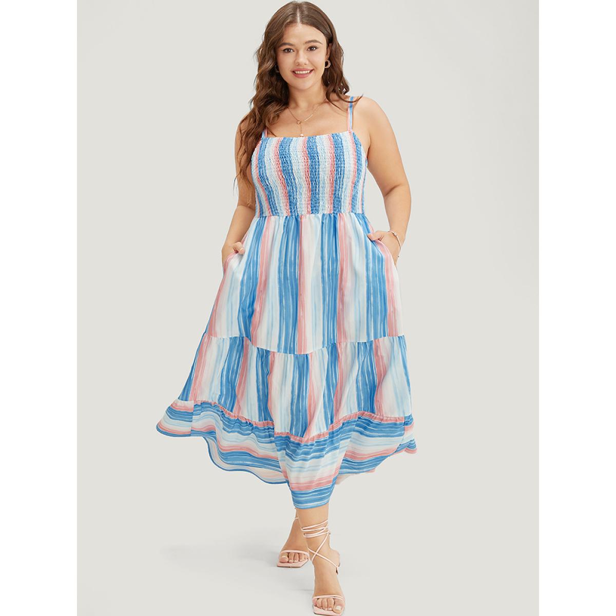 Plus Size Striped Contrast Shirred Pocket Ruffle Tiered Cami Dress Multicolor Women Vacation Adjustable Straps Spaghetti Strap Sleeveless Curvy Midi Dress BloomChic 26/4X Product Image