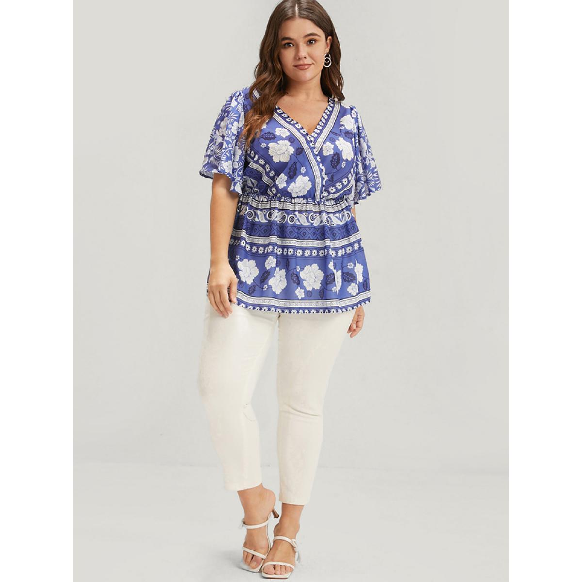 Plus Size Blue Bandana Ruffles Elastic Waist Wrap Blouse Women Vacation Short sleeve V-neck Dailywear Blouses BloomChic 10/M Product Image