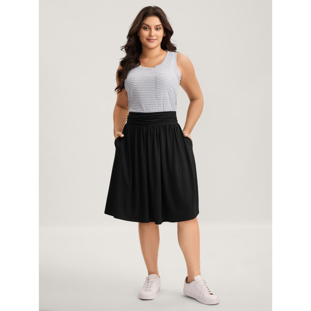 Plus Size Ruched Waist Flowy Solid Midi Skirt Women Black Leisure Loose No stretch Side seam pocket Casual Skirts BloomChic 28/5X Product Image