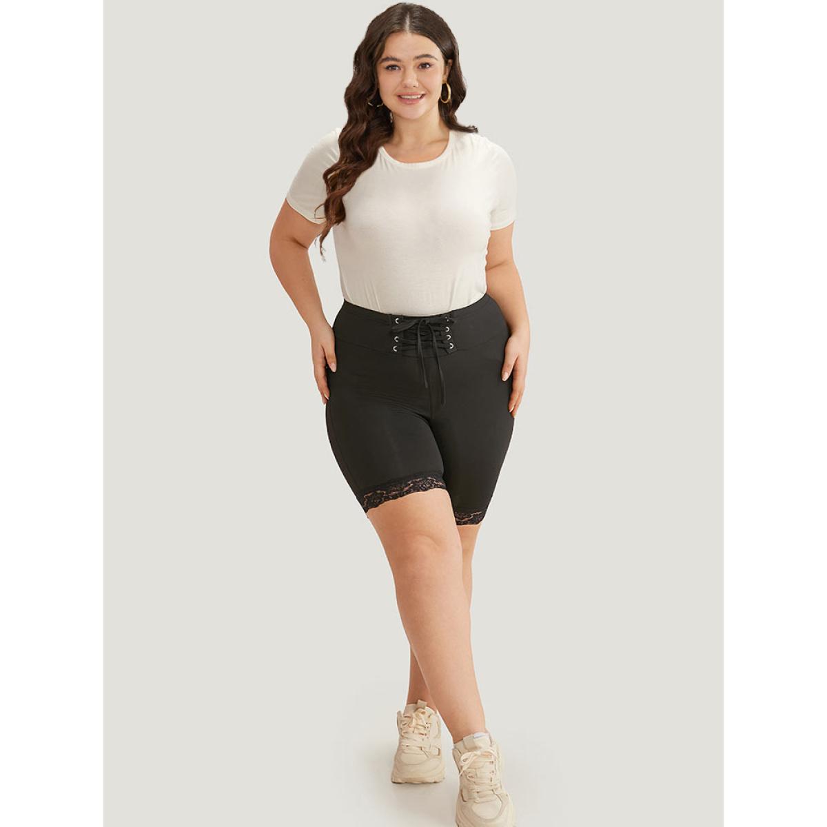 Plus Size Solid Lace Up Guipure Lace Leggings Women Black Casual High stretch Skinny Mid Rise Dailywear Leggings BloomChic 30/6X Product Image