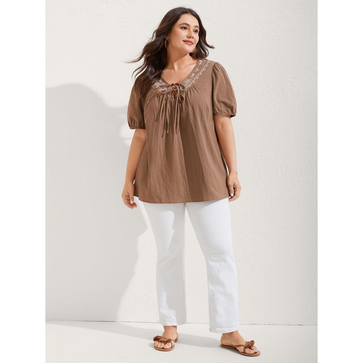 Plus Size Bronze Pure Cotton Embroidered Neck Blouse Women Boho Short sleeve V-neck Vacation Blouses BloomChic 10/M Product Image