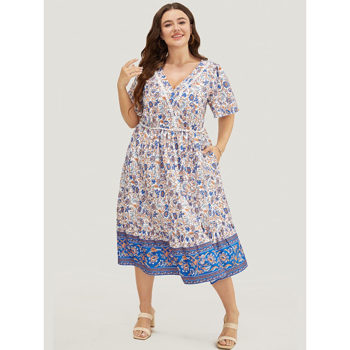 Plus Size Bandana Print Pocket Pompom Trim Wrap Split Ruffle Dress Cerulean Women Vacation Printed V-neck Short sleeve Curvy Midi Dress BloomChic 28/5X Product Image