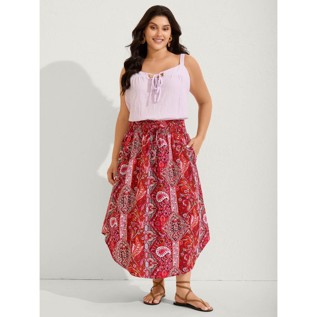 Plus Size Boho Print Shirred Waist Midi Skirt Women Crimson Elegant Tie knot Loose No stretch Side seam pocket Everyday Skirts BloomChic 28/5X Product Image