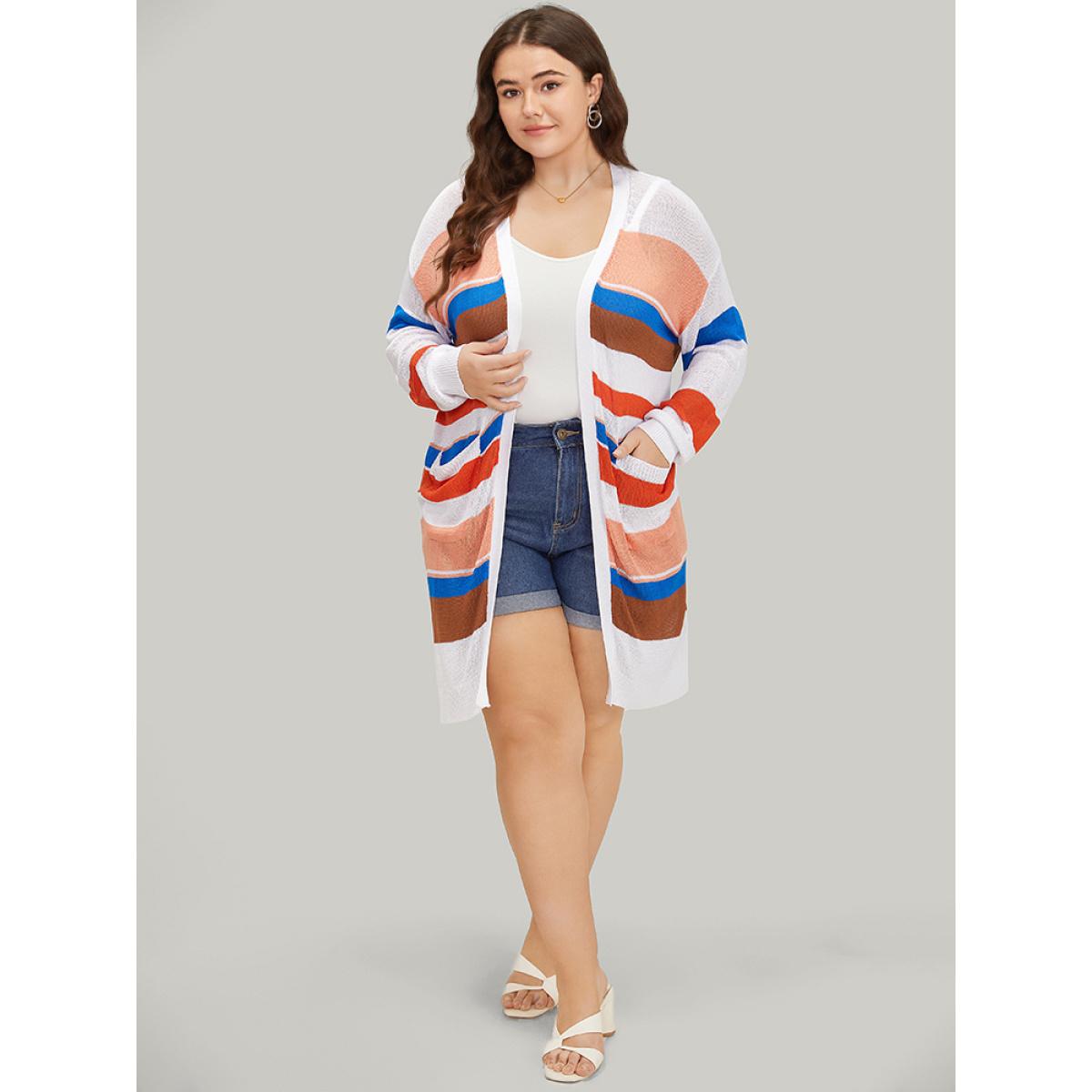 Plus Size Colorblock Contrast Pocket Tunic Open Front Cardigan Multicolor Women Casual Loose Long Sleeve Dailywear Cardigans BloomChic 18-20/2X Product Image