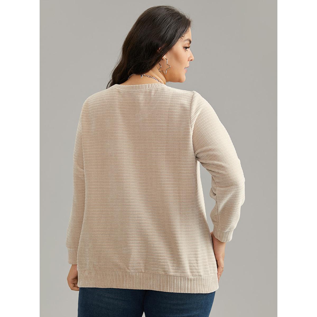 Plus Size Crew Neck Solid Textured Sweatshirt Women Apricot Casual Thick Round Neck Dailywear Sweatshirts BloomChic 18-20/2X Product Image