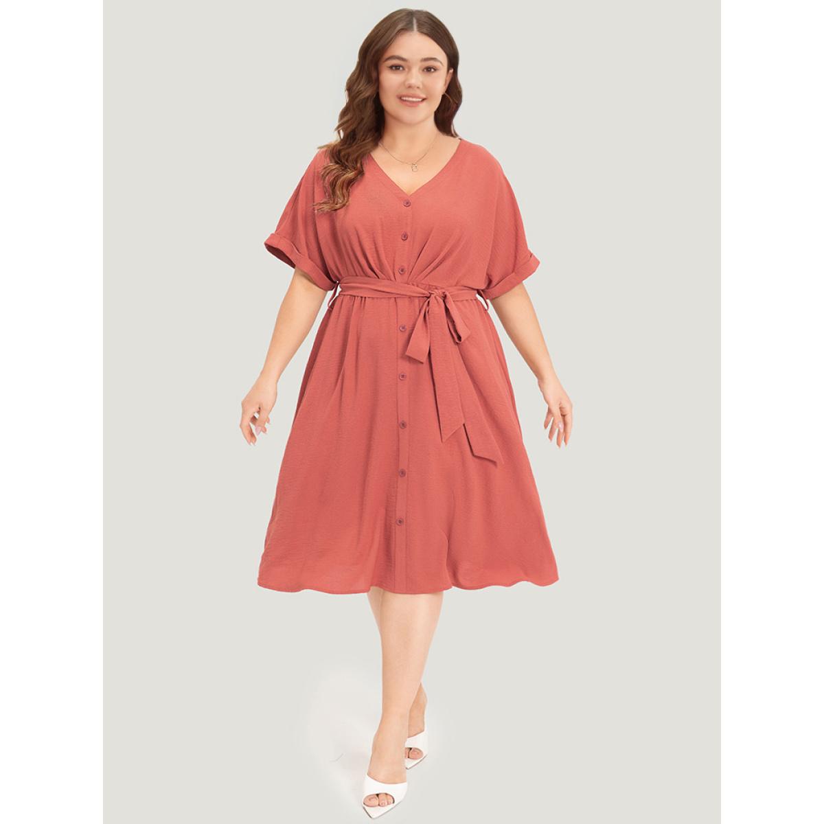 Plus Size Solid Pocket Button Detail Ties Roll Sleeve Dress Rust Women Office Plain V-neck Short sleeve Curvy Midi Dress BloomChic 12/L Product Image