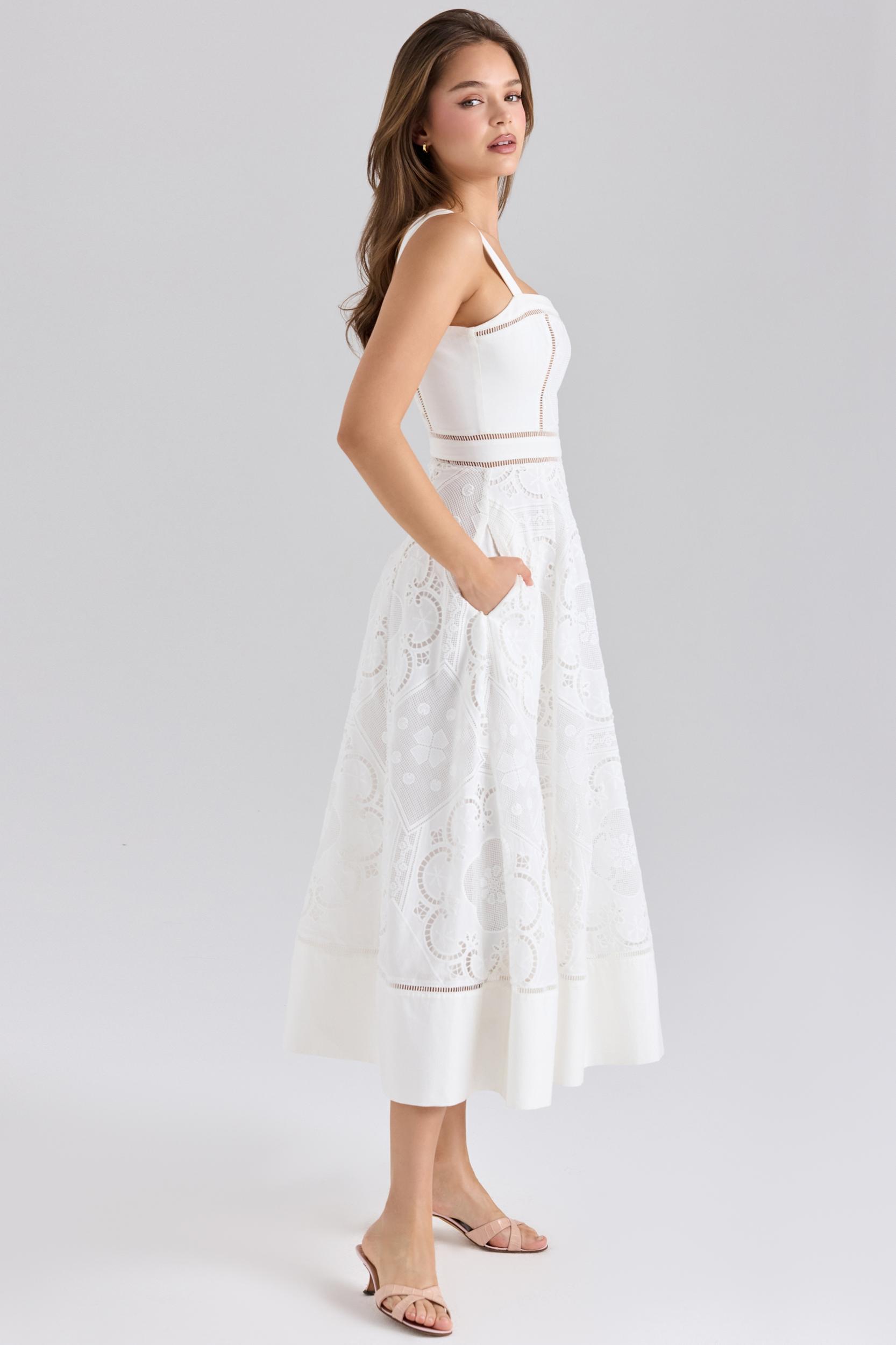 Ava  white stretch cotton broderie anglaise midi dress Product Image