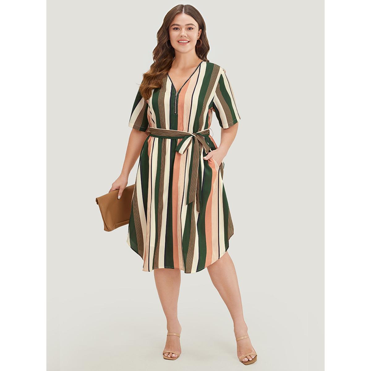 Plus Size Striped Contrast Pocket Belt Arc Hem Zip Up Dress Multicolor Women Office Contrast V-neck Short sleeve Curvy Midi Dress BloomChic 22-24/3X Product Image