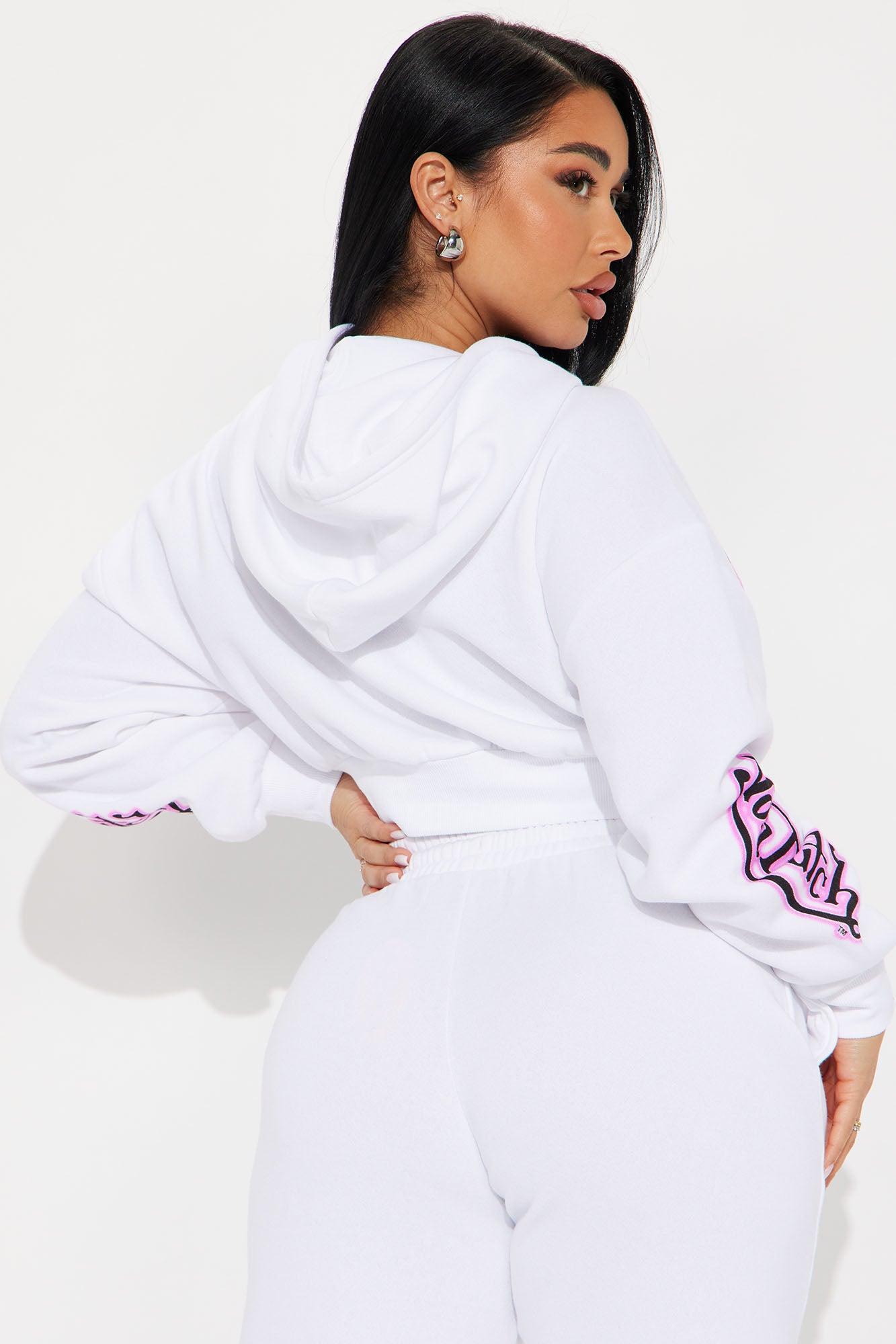 Von Dutch Graffiti Cropped Hoodie - White/Pink Product Image