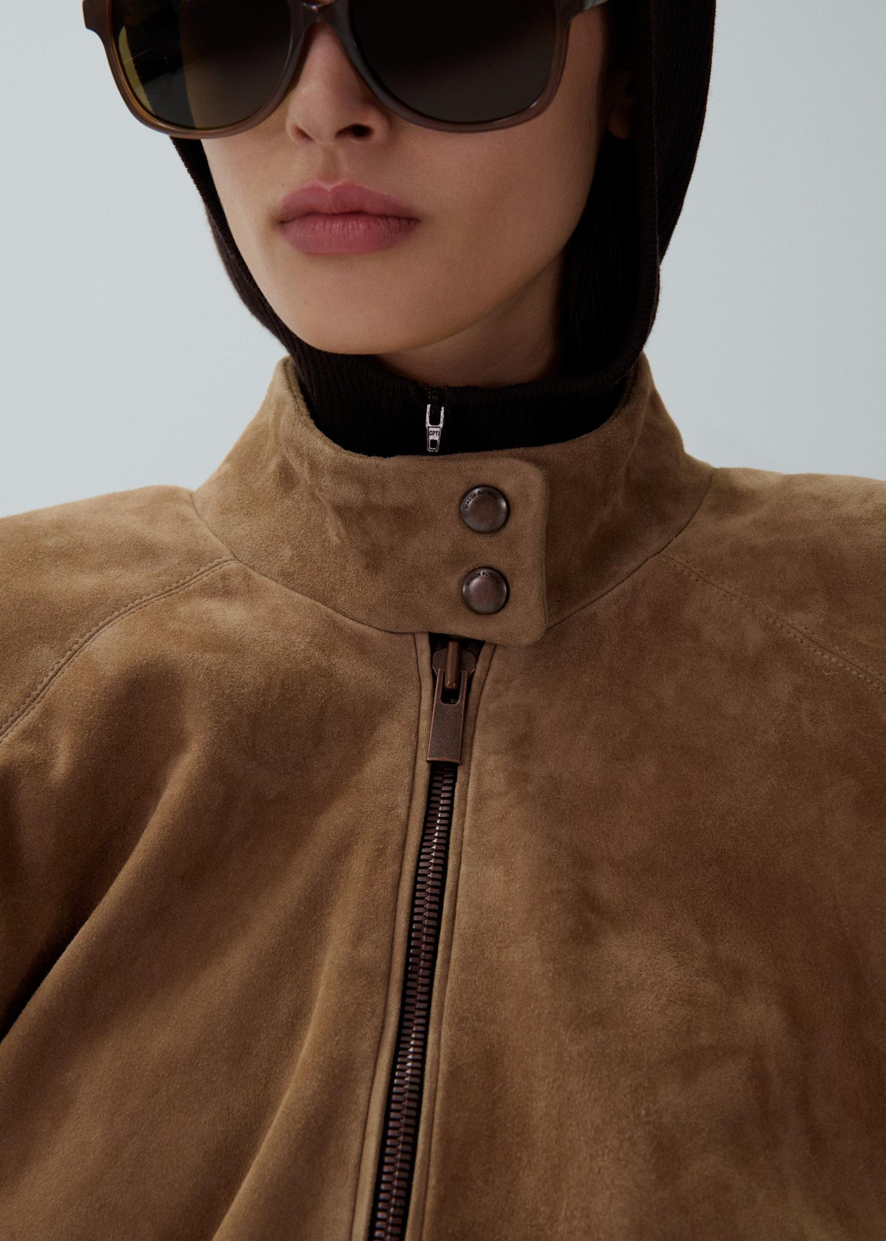 Cropped leather bomber jacket in beige suede Product Image