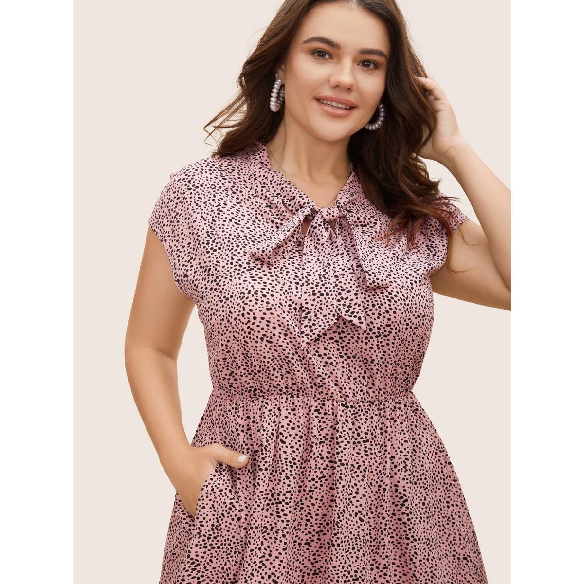 Plus Size Asymmetrical Polka Dot Tie Knot Midi Dress Beanpastepowder Women Elegant Tie knot Ribbon-tied collar Cap Sleeve Curvy BloomChic 30/6X Product Image