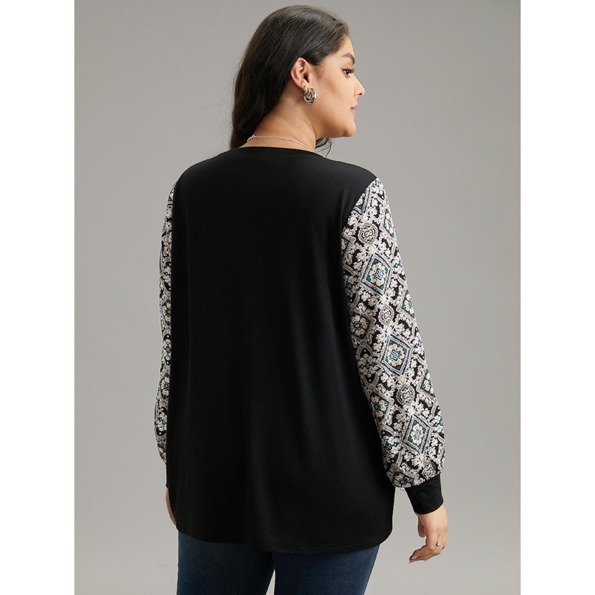 Plus Size Boho Print Patchwork Crew Neck T-shirt Black Women Elegant Printed Bohemian Print Round Neck Dailywear T-shirts BloomChic 28/5X Product Image