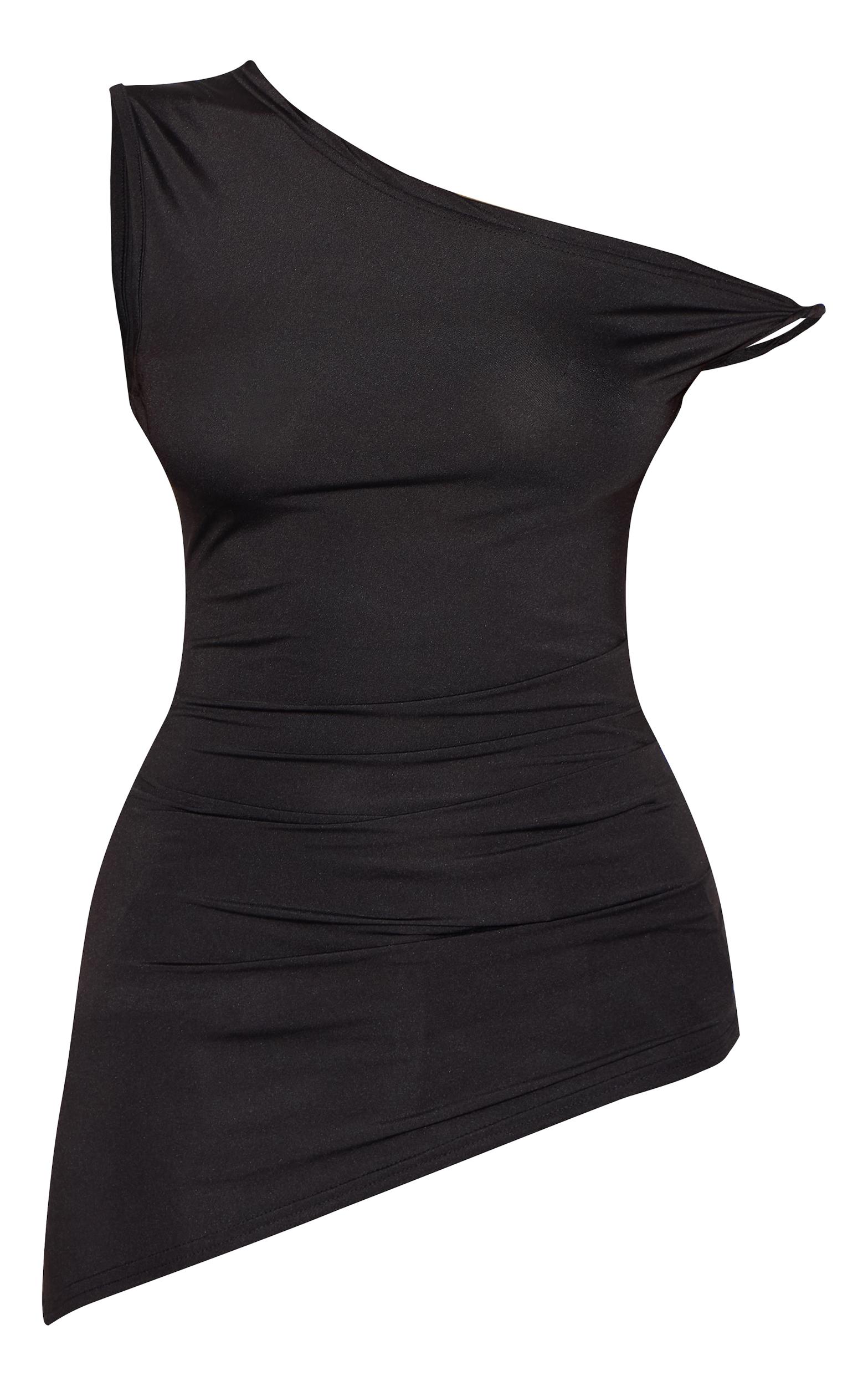 Black Ruched Detail Asymmetric Slinky Long Top Product Image