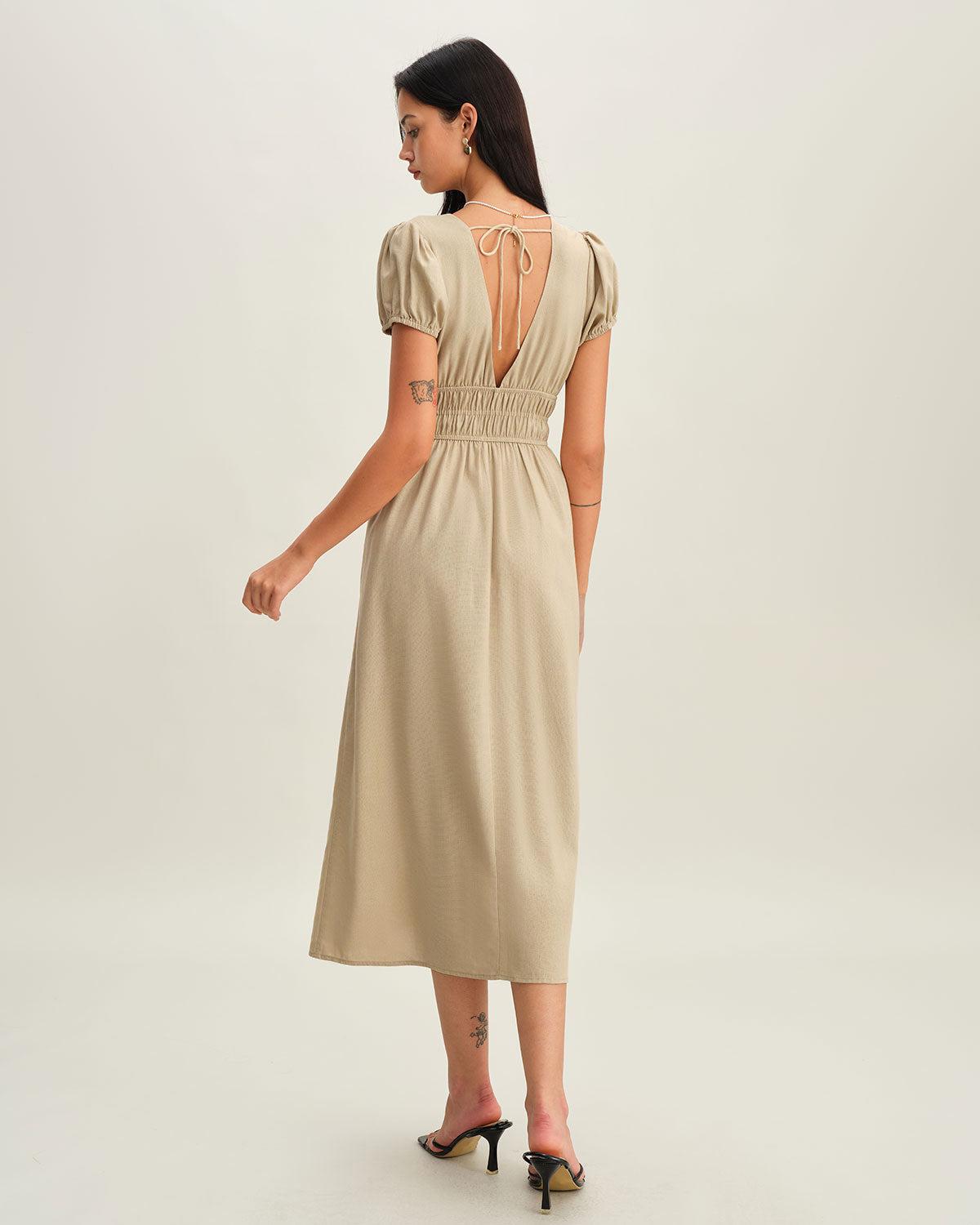 Beige Ruched Puffed Sleeve Midi Dress Product Image