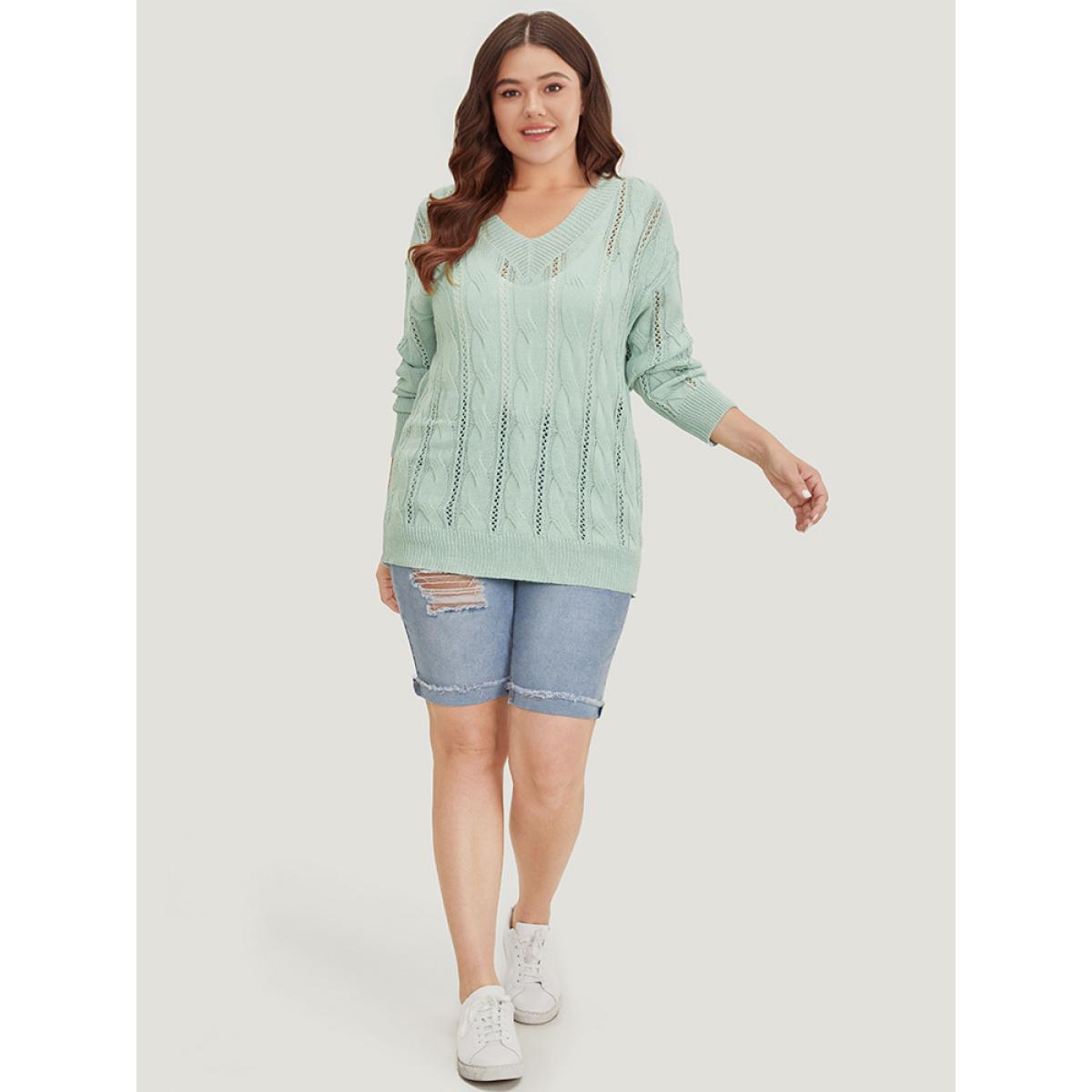 Plus Size Plain Cable Knit Drop Shoulder Pullover LightGreen Women Casual Loose Long Sleeve V-neck Dailywear Pullovers BloomChic 10/M Product Image