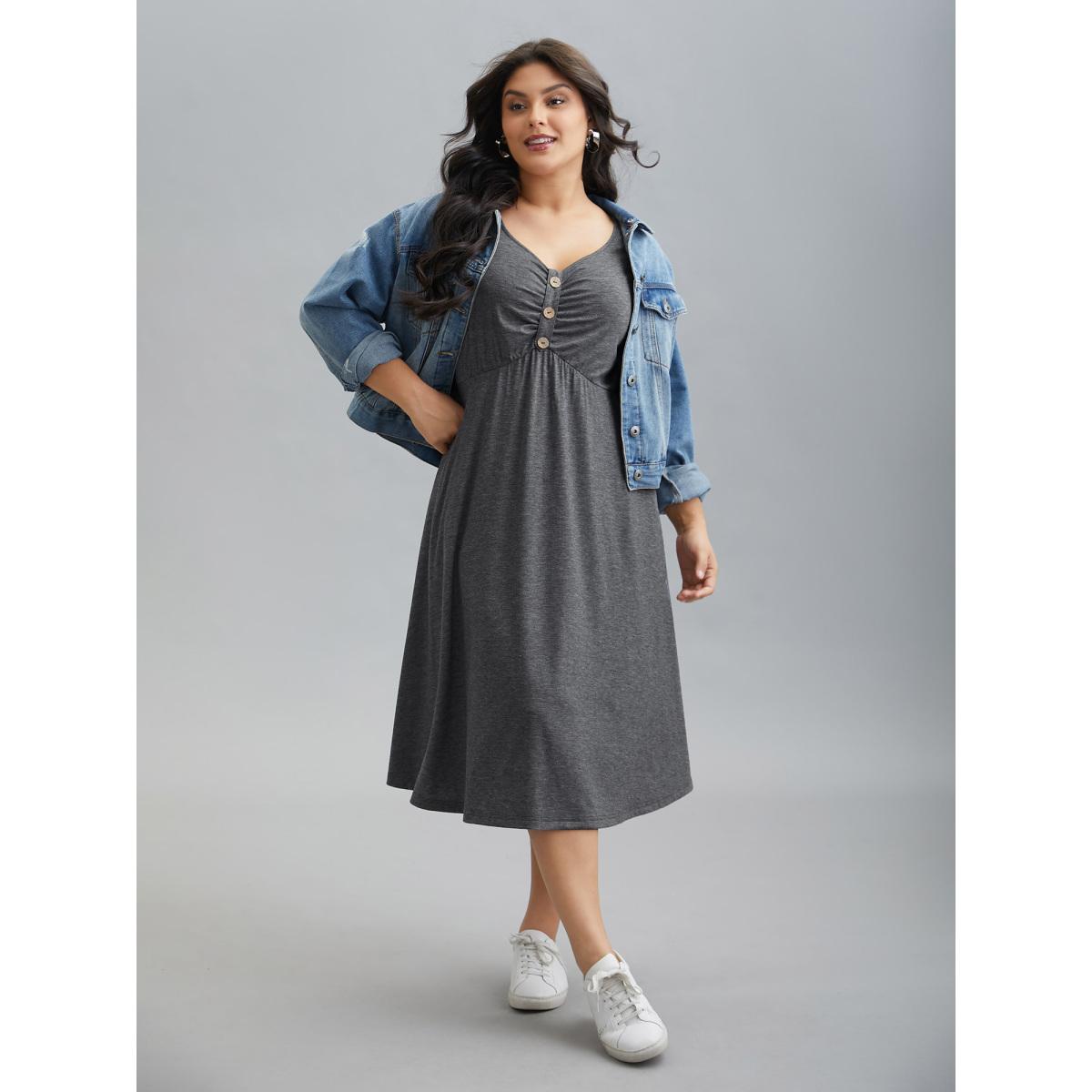 Plus Size Gathered Button Detail Plain Knit Dress DimGray Women Casual Gathered Knit Dresses Bloomchic 26/4X Product Image