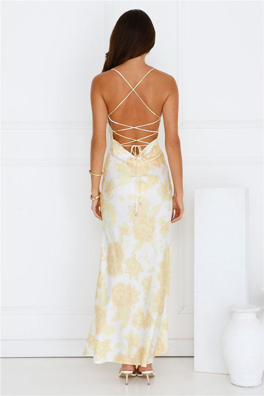 Floral Dreaming Satin Maxi Dress Yellow Product Image