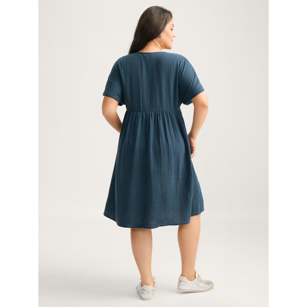 Plus Size Pure Cotton Lace V-Neck Solid Midi Dress Aegean Women Leisure Woven ribbon&lace trim V-neck Short sleeve Curvy BloomChic 14-16/1X Product Image