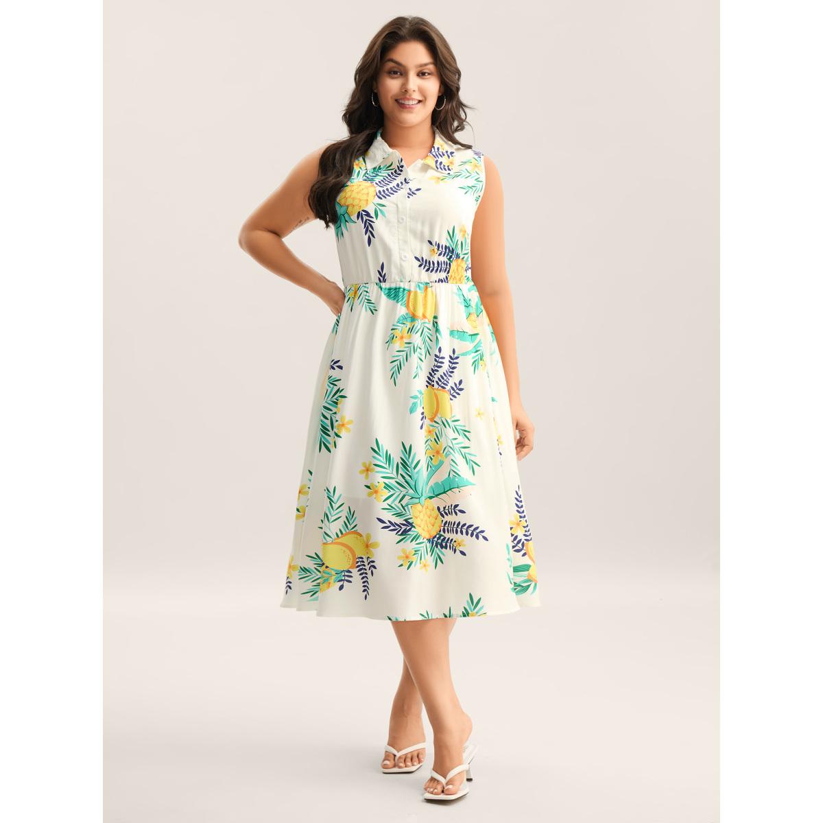 Plus Size Rayon Fruit Print Collar Pockets Midi Dress Emerald Women Shirt collar Sleeveless Curvy BloomChic 18-20/2X Product Image