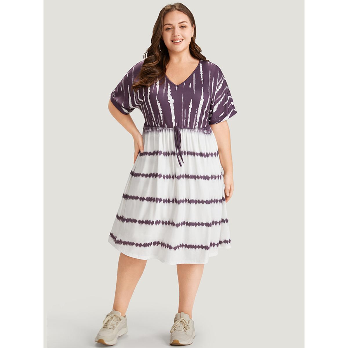 Plus Size Tie Dye Batwing Sleeve Pocket Knot Front Dress Mauve Women Casual Lined V-neck Short sleeve Curvy Midi Dress BloomChic 26/4X Product Image