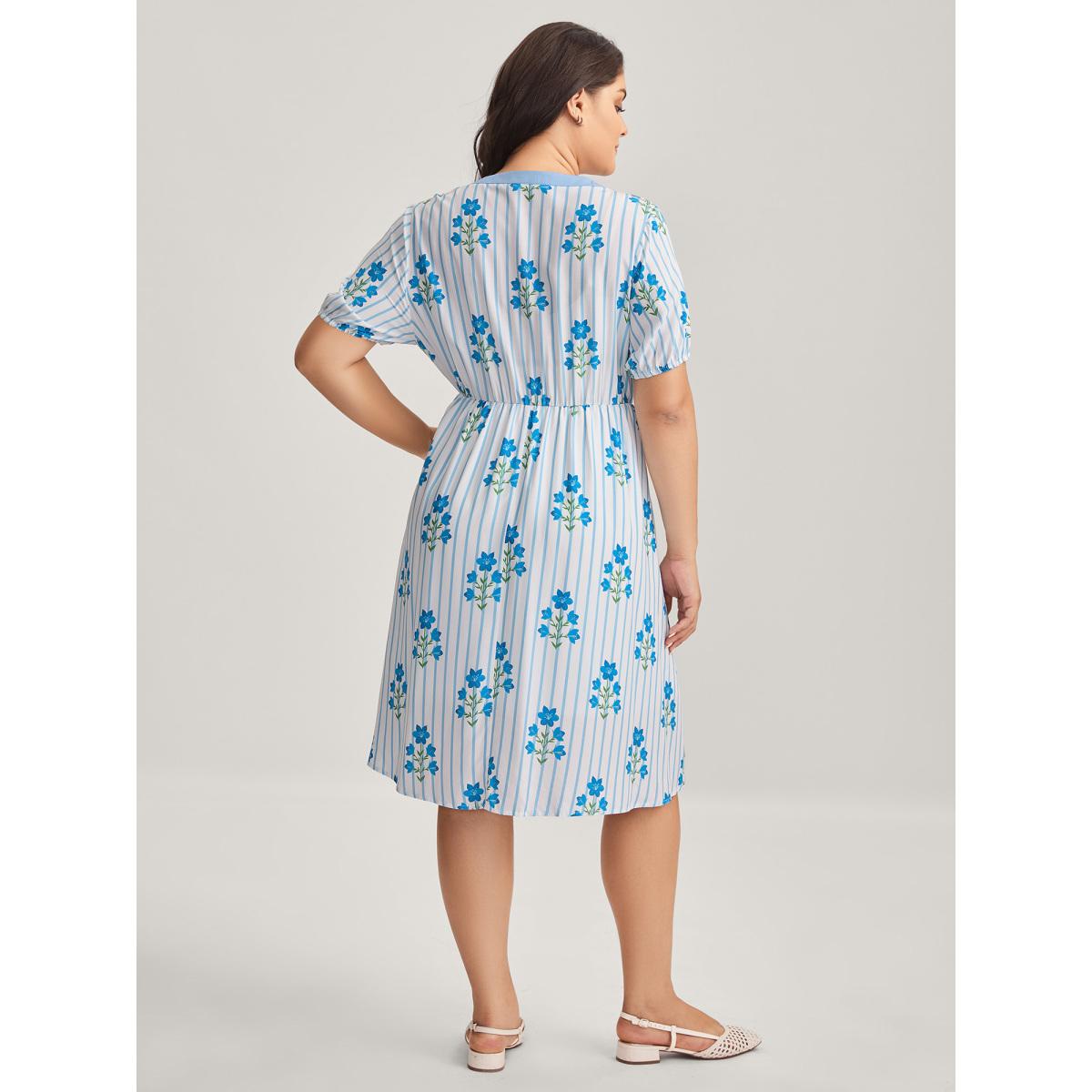 Plus Size Stripe Floral Notched Neck Tie Midi Dress Skyblue Women Notched collar Short sleeve Curvy BloomChic 26/4X Product Image
