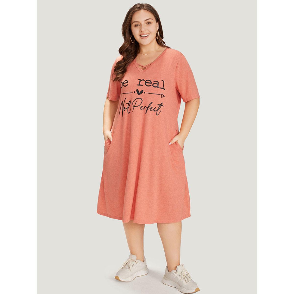 Plus Size Supersoft Essentials Letter Print Pocket Crisscross Neck Dress Coral Women Casual Plain Curvy Midi Dress BloomChic 18-20/2X Product Image