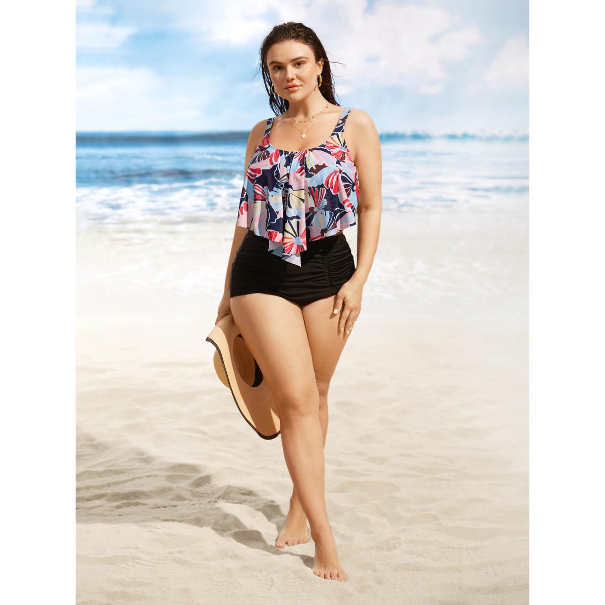 Plus Size U Neck Contrast Floral Tiered Ruffles Swim Top Women's Swimwear Indigo Beach Gathered High stretch Bodycon U-neck Curve Swim Tops BloomChic 30/6X Product Image