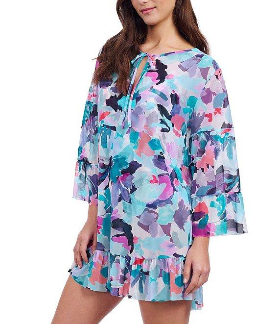 Profile by Gottex Holi Abstract Floral Print High Neck Flounce Sleeves Ruffle Hem Dress Swim Cover-Up Product Image