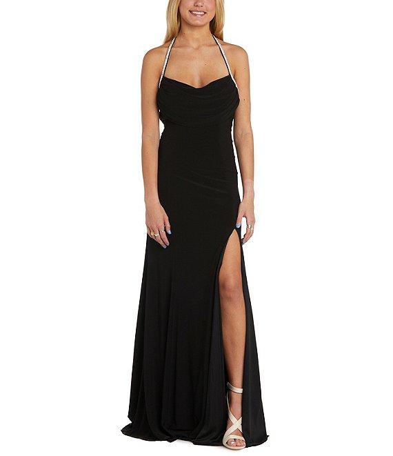 Morgan & Co. Halter Draped Neck Rhinestone Strap Side Slit Gown Product Image