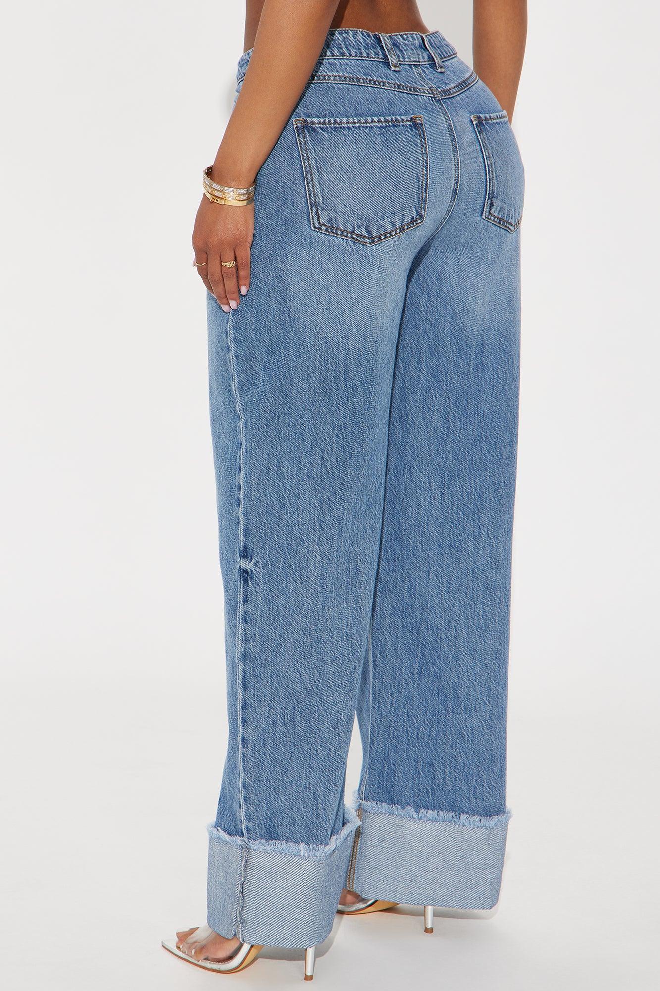 Cuff It Non Stretch Cuffed Wide Leg Jeans - Dark Wash Product Image