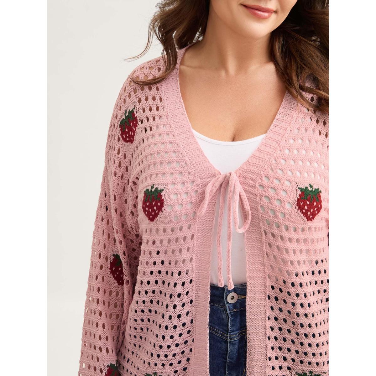 Plus Size Strawberry Jacquard Embroidery Tie Knit Cardigan Nudepink Women Playful Loose Long Sleeve Casual Cardigans BloomChic 30/6X Product Image