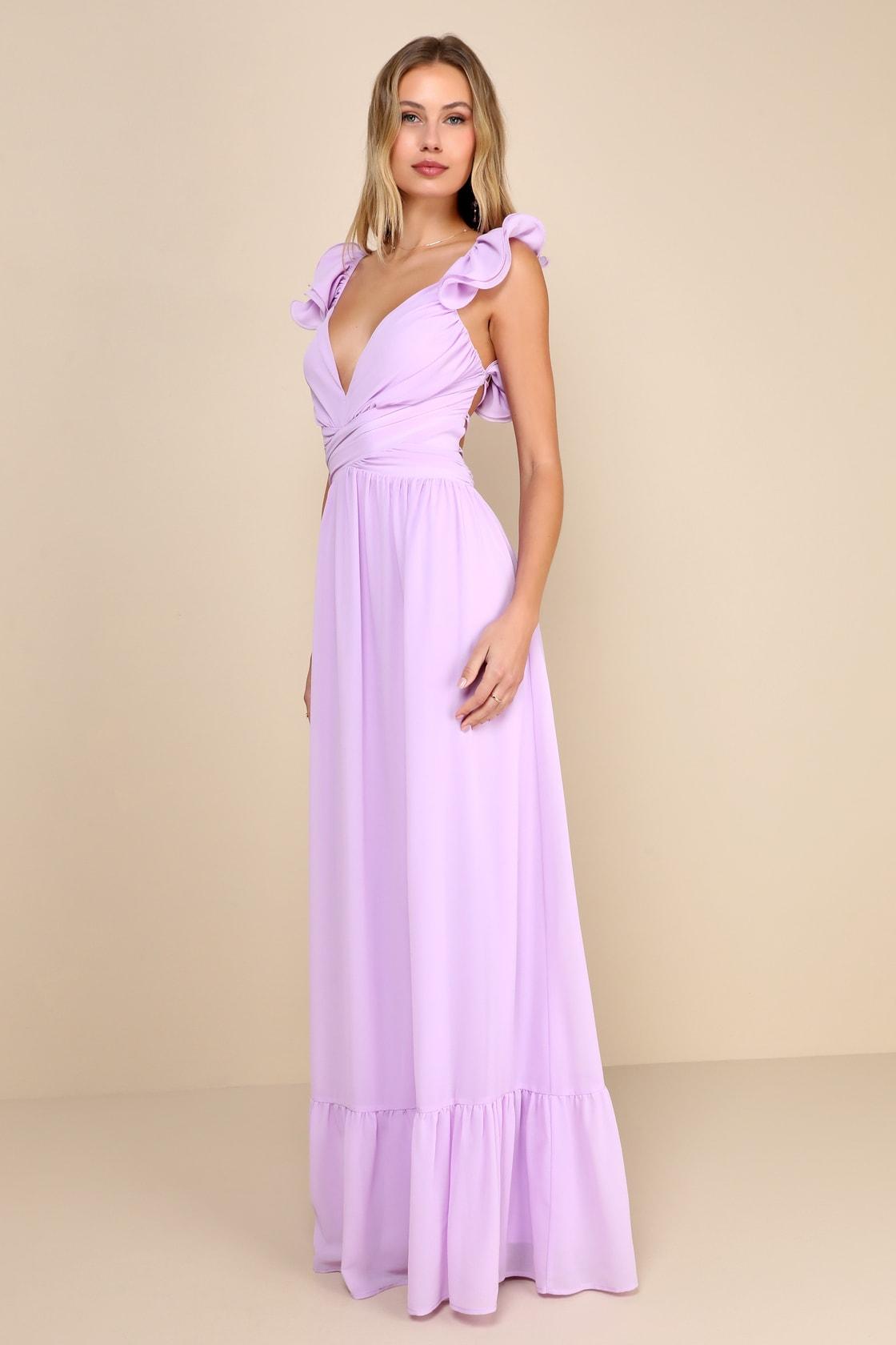 Soiree Celebration Lilac Ruffled Lace-Up Maxi Dress Product Image