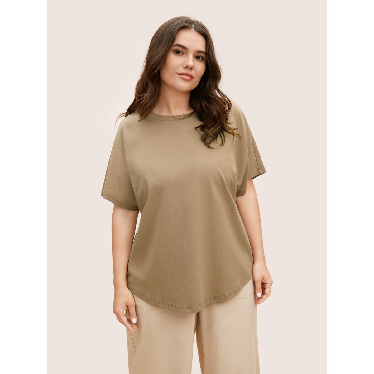 Plus Size Cotton Back Button Detail Dolman Sleeve T-shirt LightBrown Women Casual Button Round Neck Everyday T-shirts BloomChic 22-24/3X Product Image