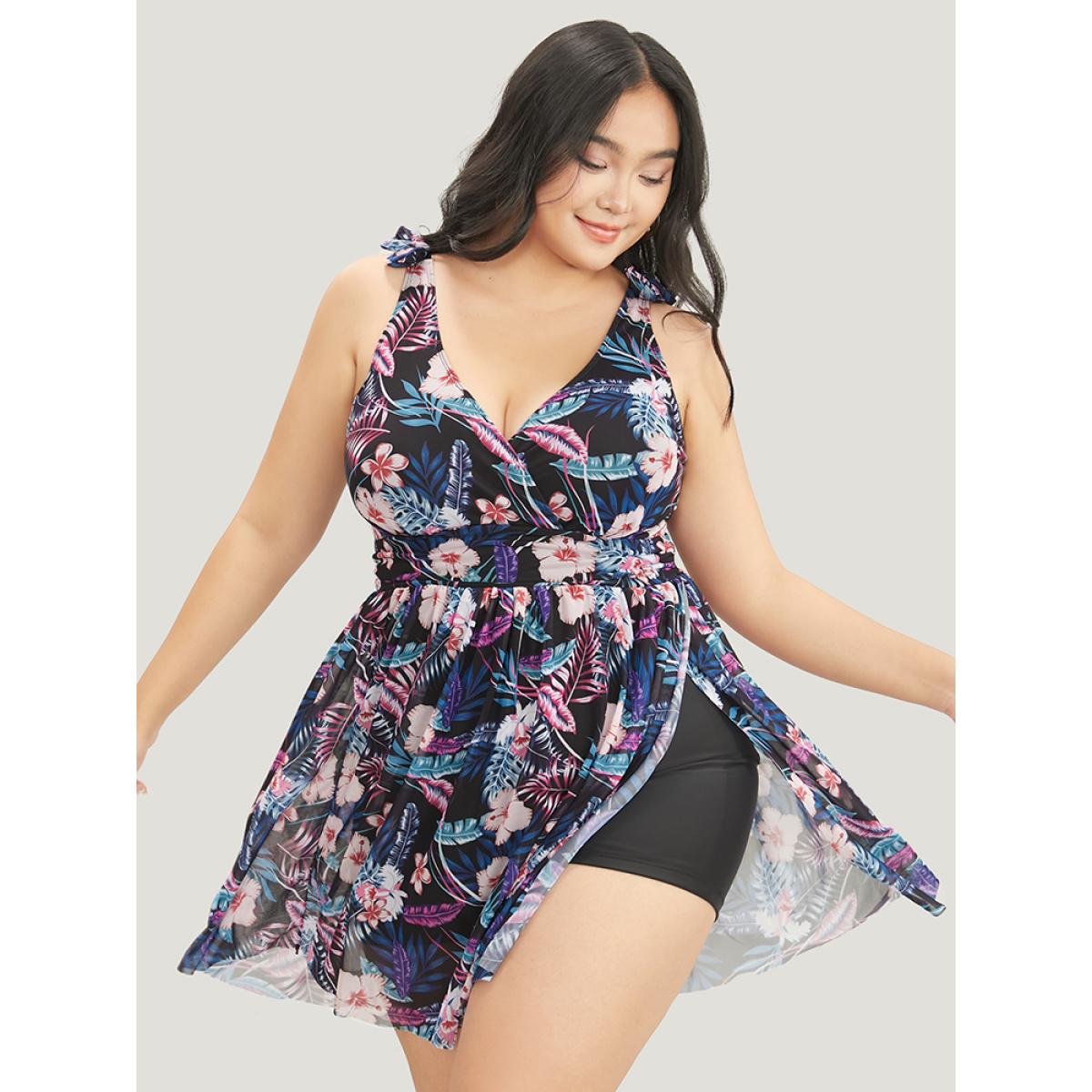 Plus Size Tropical Print Bow Sculpt Waist Split Swim Dress Women's Swimwear Purple Vacation Bodycon V-neck High stretch Curve Swim Dresses BloomChic 12/L Product Image