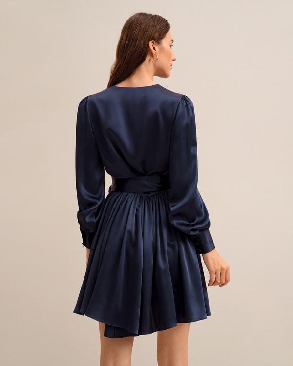 LILYSILK Long Sleeve Silk Dress for Women Navy Blue Pure Silk Glossy Puff Sleeves Skin-Friendly and Breathable S Product Image