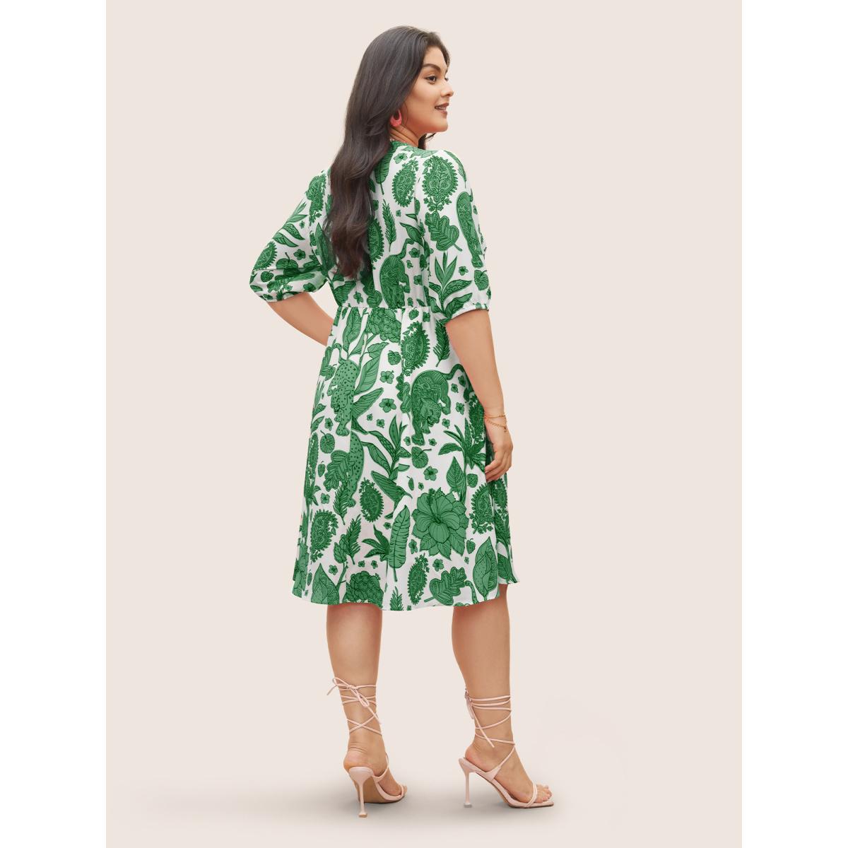 Plus Size Plants & Animal Print Notched Lantern Sleeve Dress Salmon Women Resort Non Notched collar Short sleeve Curvy Midi Dress BloomChic 12/L Product Image